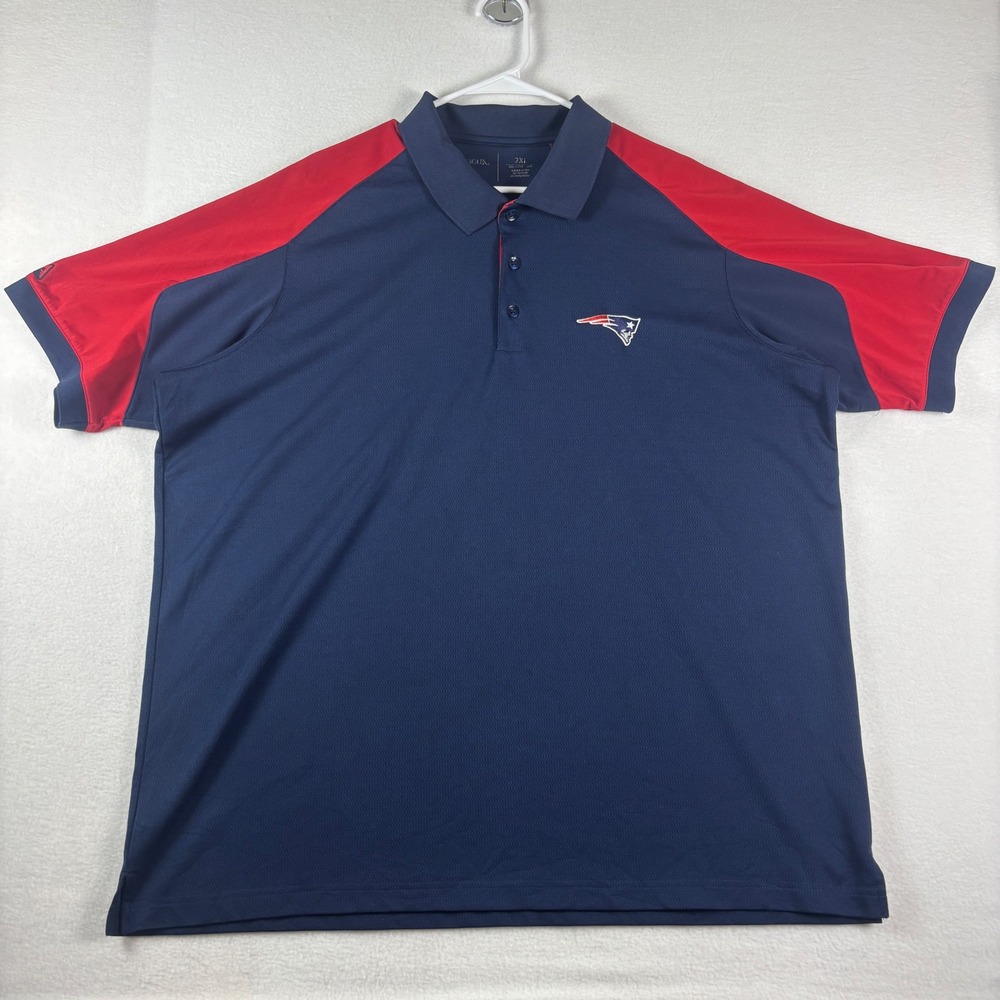 Antigua Mens New England Patriots NFL Polo Shirt 2XL Navy Blue Red Colorblock